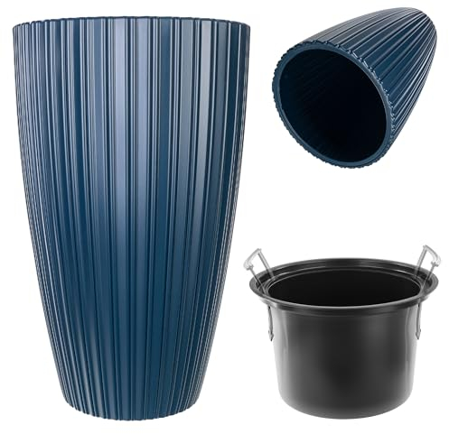 KADAX Pot de fleurs rond - Pot de fleurs décoratif avec insert intérieur - En plastique - Pour l'intérieur et l'extérieur - Bleu