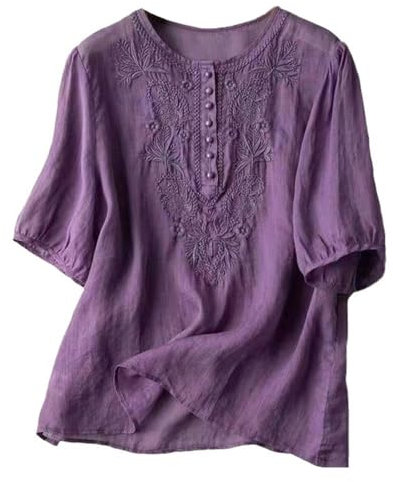 AMhomely Womens Tops Ladies Shirts and Bouses Cotton Linen Half Sleeve Embroidery Tunic Tops Oversized Casual Shirts Solid Buttons Tees Shirts Elegant Crewneck Pullover Tops Going Out Purple L