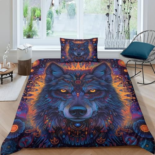 3D-Druck Art Tier Bettwäsche 135x200 cm 2 Teilig,Wolf Bettbezug Mikrofaser Mit Kopfkissenbezug,Verborgener Reißverschluss Für Kinder Und Erwachsene