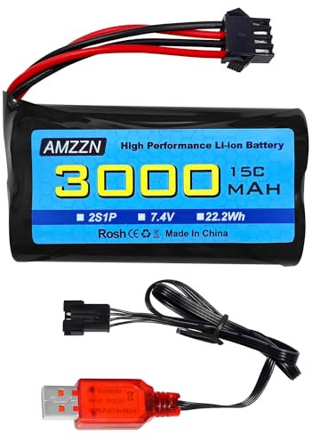 AMZZN 7.4V 3000mAh 15C 2S SM-4P Plug Li-ion Battery with USB Charger for EC08 DE85 RC Car, Truck RC Ship RC Drone Engineering Vehicle Backup Battery