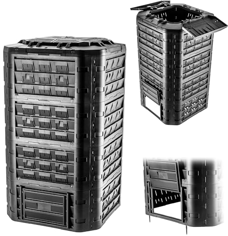 KADAX Compostador modular para residuos de jardín, compostador de plástico, contenedor de compostaje con ventilación y riego, contenedor de compostaje rápido (negro 1250 L)