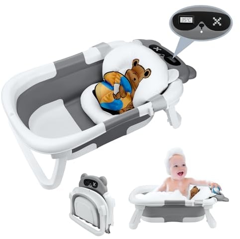 vvhippo Bañera Bebe Plegable, Bañera Bebe con Termómetro, Bañera Bebé con Cojín y Patas Plegables, Adecuada para Recién Nacidos y Niños Pequeños, Ahorra Espacio