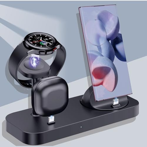 Wireless Charger Android 4 In 1 Charging Station For Samsung Phone Galaxy Z Flip 5/4/3 Z Fold 5/4/3 S24/S23 S22 S20 Ultra, Galaxy Watch 6/5/4/3 Galaxy Buds (Black)