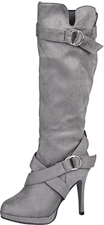 Stivali Retro Tacco Stivali Scarpe Caldi Stivali Metà Polpaccio Stivali Lunghi in Pelle Piatta Al Ginocchio per Donna Stivali Da Donna Bisogno di Stivali Alti, Grigio, 40 EU