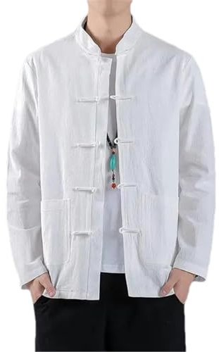 BoShiNuo Veste kimono traditionnelle chinoise en lin Hanfu à manches longues pour homme, Manches longues blanches., XS