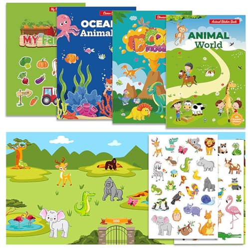 OWill 4 Pezzi Stickers Bambini Attacca Stacca,Adesivi per Bambini con Oceano,Dinosauri, Animali,Fattoria in Libro Stickers,Sticker Bambini Riutilizzabili 2 3 4 5 6 Anni Sticker Book Regalo