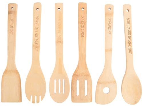 Muuoeou Funny Wooden Spoon Set, 6Pcs Wooden Cooking Spoons, Engraved Wooden Coffee Spoon with Funny Sayings B