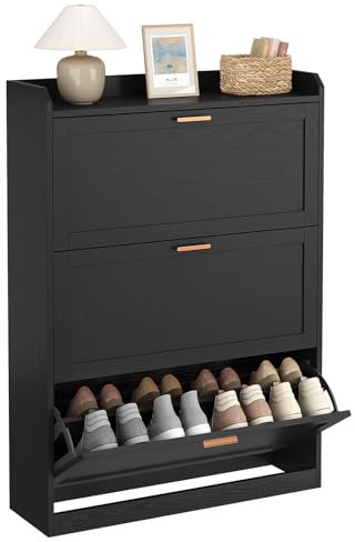 KIMENICH Schuhschrank mit 3 Klappen, Schuhkipper Schmal, Trennwand Verstellbar, für 16-24 Paar Schuhe, Flur, Portale, 24 x 80 x 121 cm, Schwarz