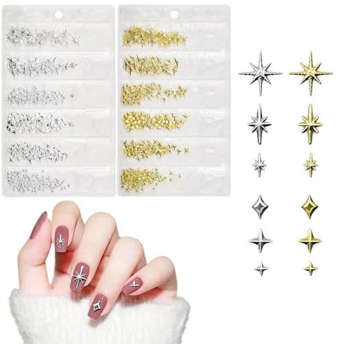 750 Pcs Gold Silver Star Nail Charms, 3D Art Decorations Accessories, Metal Punk Rivet Accessories, Star Art Stickers Decals for Women Girls Design DIY Crafts