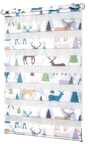 Deswell Doppelrollo mit Muster Weiß-Elch B85 x H130 cm(Stoffbreite 81cm), Doppelrollo Klemmfix ohne Bohren mit Motiv, Duo Rollos für innen Klemmrollo Fensterrollo Fensterrollo für Kinderzimmer