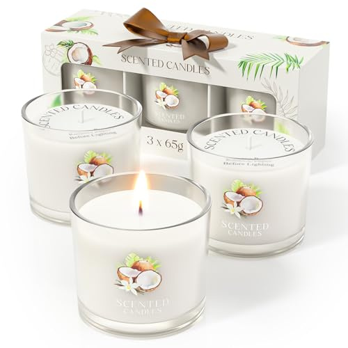 CHILLFLAME Coconut Candle, Candles Gifts for Women, Scented Candles Gift Set for Her, 3 Scented Votive Candle, Birthday Gifts for Women/Men (White, 200g)