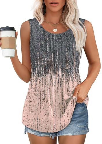Chicrise Canotta Donna Estiva Scollo Rotondo T-Shirt Senza Maniche Pieghettata Tunica Lunga Allentata