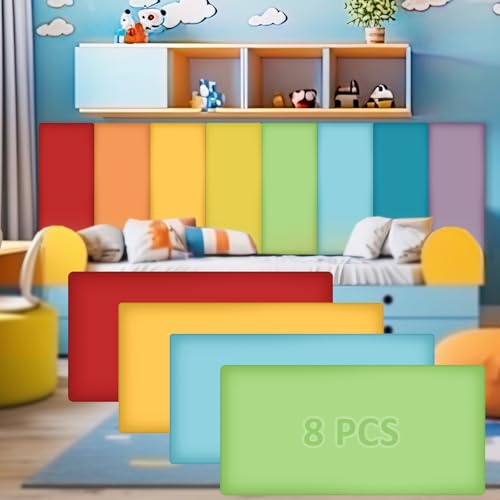 Hahafelt 8 Pack Wall Padding for Playroom Peel and Stick Headboard 15.75 x 7.87 x 1.18 3D Anti Collision Upholstered Wall Panels Self Adhesive Headboard Panel for Protection (Rainbow Colors)