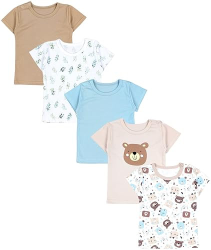 TupTam T-Shirts Bébé avec Manches Courtes, Lot de 5, Oursons Feuilles Beige Iceberg, 80