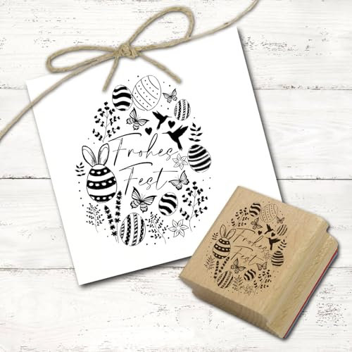 Dekolando Stempel Frohes Fest Osterei mit Ostermotiven Motivstempel Frühling Holzstempel Osterstempel - Abdruck 38 x 48 mm