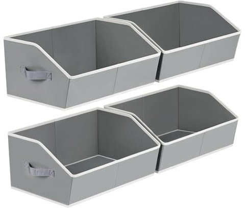 Homsorout Foldable Storage Boxes with Handles - 4 Pack Large Trapezoid Fabric Shelf Basket Decorative Wardrobe Organiser Bins for Clothes, Books, Pets, Home, Closet - Grey
