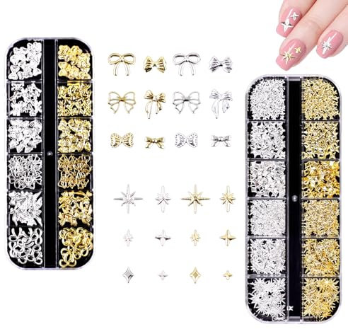 Gold Nail Charms, 2 Boxes 24 Grids Silver Nail Ch arms, Nail Cha rms Gold, Nail Gems and Charms, Nail Art Charm s, Nail Cha rms Y2k, 3D Nail Charms Accessories Nail Art Design