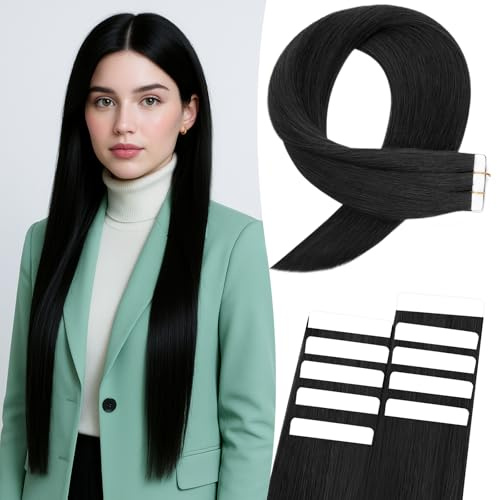 MY-LADY Tape Extensions Echthaar Schwarz Haarverlängerung 40cm 15g | 10pcs Tape in Extensions Invisible & Natürlich Glattes, Alltag & Party Highlights für Damen, Wiederverwendbar