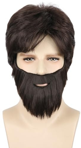 Topcosplay Herrenperücke und Bart-Set, schwarze kurze Perücke, Halloween-Kostüm, Party-Accessoire, Kater-Alan-Perücke