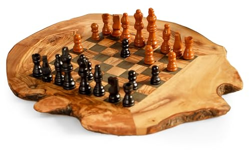 Handgefertigtes Schachspiel aus Olivenholz, Live-Edge-Brett 33 cm, schwarze Quadrate 24 mm, handgefertigte Geschenkidee, personalisierte Gravur inklusive
