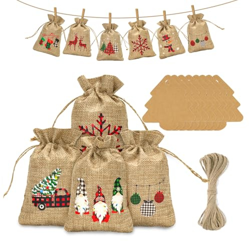 jijAcraft Adventskalender zum Befüllen Jutesäckchen: 13x18CM Groß Weihnachten Jutesäckchen, 24 Stück Weihnachten Geschenksäckchen mit Tannen-Anhängern und Juteschnur für Deko Weihnachtsbaum