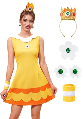 for G and PL Damen Prinzessin Tenniskleid Cospaly Kostüm mit Tiara Ohrringe Armband Set für Erwachsene, Gänseblümchengelb, Klein