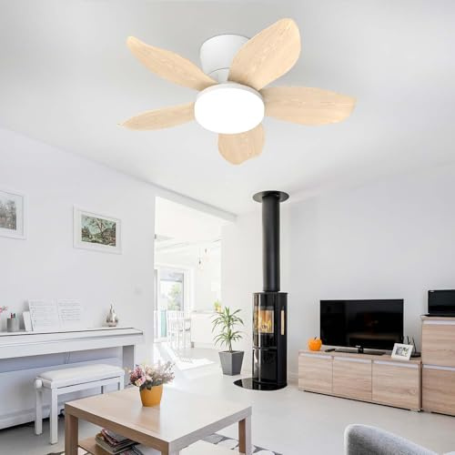 YFHKWJ 65CM Moderno Pequeño Ventilador De Techo Con Luz Y Mando A Distancia APP, 6 Velocidades & Temporizador, Motor DC 5 Aspas Lámpara Ventilador Techo Para Dormitorio/Salón/Comedor-White Wood Grain