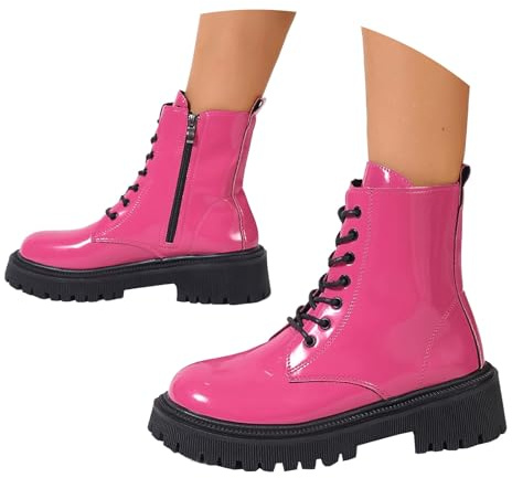 Ankle Boots for Women Patent Leather Platform Lug Sole Combat Booties Lace up Low Block Chunky Heel Side Zipper Fall Winter Black Military Boot Shoes Stylish Footwear Gift