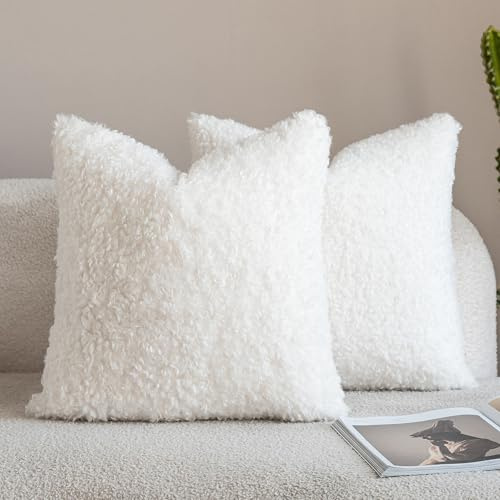 Neelvin 2er Set Dekorative Kissenbezug Teddy Wolle Künstlich Pelz Kissenbezüge Weiche Plüschkissen Kissenhülle Bouclé Zierkissenbezüge Sofakissen für Sofa Schlafzimmer Wohnzimmer 45x45cm Cremeweiße