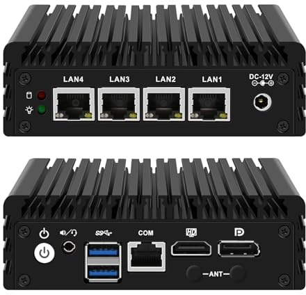 Glovary Firewall Mini PC J3710 Quad Core, 4 x i225V 2.5GbE LAN Fanless OPNsense Appliance, Barebone, F3 Micro Router Computer Hardware, AES-NI, HD+DP Dual Display, Console, 2USB3.0, SPK/MIC