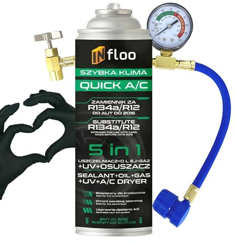 1x INfloo Quick A/C 5en1 – Gaz R134a avec huile, colmatant, traceur UV et déshydratant + tuyau avec manomètre + gants de protection