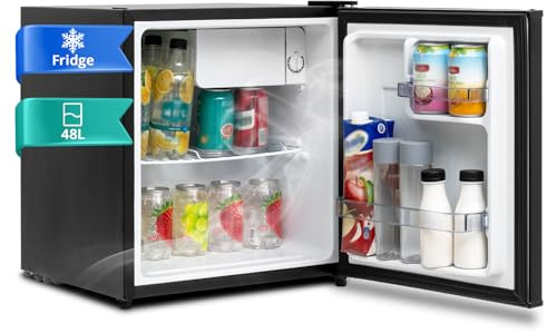 SMETA Mini Fridge 48L Small Table Top Beer Fridge 220-240V，Drinks Fridge with Reversible Door & Chiller Box, 6-Level Adjustable Thermostat, 39 dB - Perfect for Office& Bedroom, Energy Efficient, Black