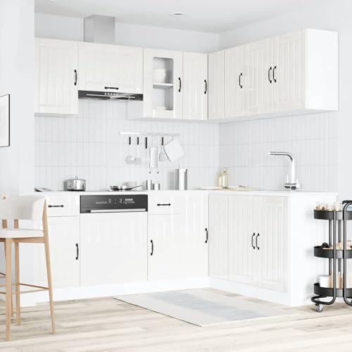 ATOMSTACK MAKER Juego completo de 11 unidades de armario de cocina Kalmar en blanco brillante (madera y cristal) – Armario para fregadero, armarios colgantes, elementos de esquina y panel para