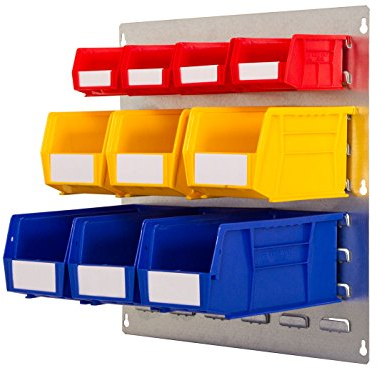 Bin Kit 2-457mm x 457mm Heavy Duty Wall Mounted Galvanised Metal Louvre Panel with Rhino Tuff Plastic Parts Bins - Ideal Garage & Workshop Storage