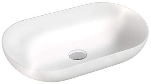 BERNSTEIN - Vasque Lavabo Ovale Blanc mat à poser 54x35x12cm Lave main fonte minérale + Bonde pop-up sans cache - Design, Robuste & Durable - O-540