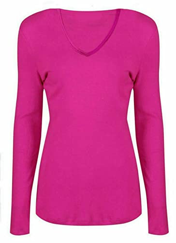 WearAll New Ladies V Neck Long Sleeve Stretch Top Plus Size Womens Plain T-Shirt Cerise 20/22