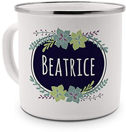 printplanet Emaille-Tasse mit Namen Beatrice - Metallbecher mit Design Flowers - Nostalgie-Becher, Camping-Tasse, Blechtasse, Farbe Silber