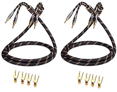 SKW A Pair Audiophile Speaker Cable,Convertible Banana Spade Gold Plated Connector,Nylon Braid,HiFi Quality Cable(9.8ft/3M,2 Cables for 2 Speakers)