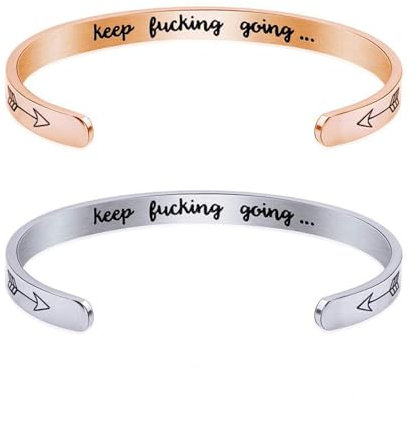 SwirlColor Keep Going Bracelet Silver Rose Gold Cuff Bangle Bracelet Engraved Inspirational Gifts for Women Friends Couple 2 pcs