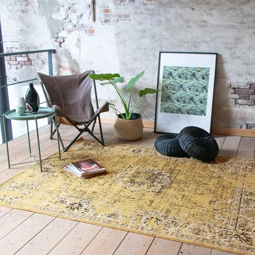 FRAAI | Home & Living Teppich Vintage - Wonder Gelb Schwarz - Polypropylen - Kurzflor - Vintage - Orientalisch - Wohnzimmer, Esszimmer, Schlafzimmer - Carpet