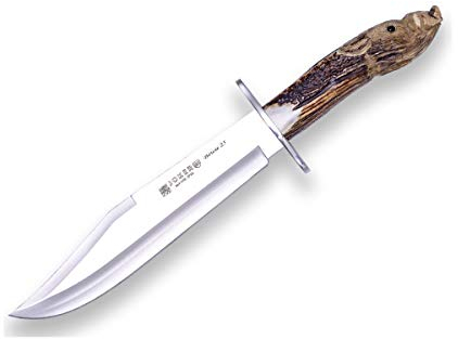 Joker Sammelmesser Bowie 25 CTJ101, Gürtelmesser mit handgeschnitzter Hirschhorngriff, 25 cm MOVA Stahlklinge, Präsentationsbox, Werkzeug zum Angeln, Jagen, Camping und Wandern