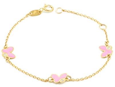Monde Petit Bracciale bambina farfalle smaltato rosa - oro giallo 9k (375) - Scatola Regalo - Certificato di garanzia