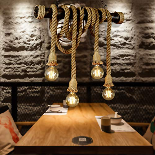 Retro Pendelleuchte Vintage Hängeleuchte Loft Hanfseil Eisen Industrie Antik Kronleuchter E27 Höhenverstellbar Hängelampe Wohnzimmer Esszimmer Esstisch Restaurant Pendellampe Beleuchtung Light (4*E27)