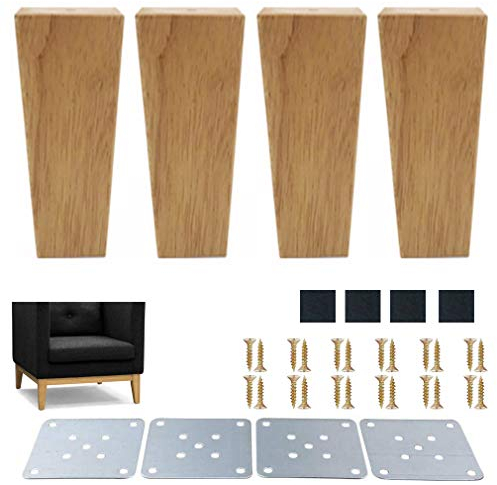 4 Stück Massivholz Möbelbeine,Eckig Eiche Möbelfüße TV-Schrankbeine,Trapez Pyramide Ersatz Sofafüße,für Kommode,Couchtisch,Bett,Ottomane,Holzfarbe,mit Montageplatte und Schrauben (12cm/4.7)