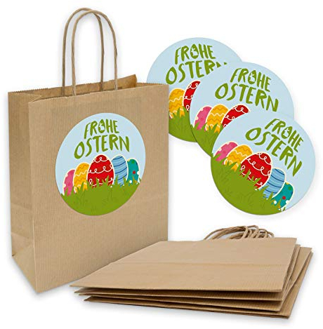 5x itenga Papiertragetaschen + Aufkleber Frohe Ostern bunt Oster-Geschenktüten mit Kordel 18x8x22cm 90g braun Kraftpapiertüten Kraftpapierbeutel mit Griff mittlere Größe - Geschenktaschen Ostern