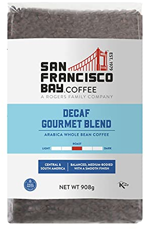 San Francisco Bay Decaf Gourmet Blend Whole Bean Coffee, 908g – Medium Roast 100% Arabica – Swiss Water Decaffeinated – Freshly Roasted in the UK