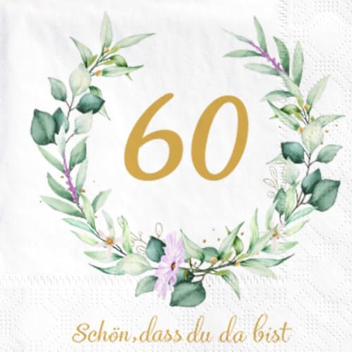 Wishstar 40 Stück Servietten 60. Geburtstag, Eukalyptus, Schön Dass Du Da Bist, Gold Grün, Papierservietten für Mann Frau Deko