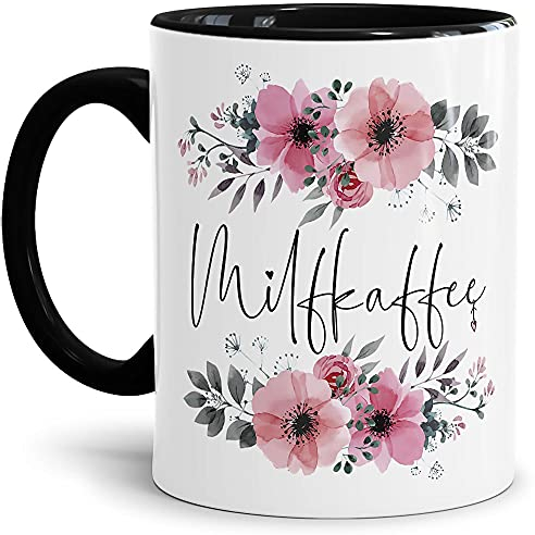 Tasse mit Spruch - MilfKaffee Tasse - Motivtasse mit Blumenmotiv - Geschenkidee - Keramiktasse Innen & Henkel Schwarz, 300ml