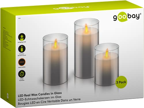 goobay 57865 3er-Set LED Echtwachskerzen im Glas (grau) mit Timerfunktion, warmweißer Kerzenschein, bewegliche Flamme, 10, 12,5 & 15cm hohe Kerzen Transparent, Klar