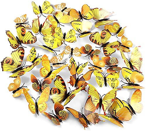Foonii 72 PCS 3D Schmetterlinge Deko Wanddeko Aufkleber Abziehbilder,Butterfly Wandsticker 3D Wandtatoo für Die Wand Wohnung Hause Schlagfestem Kunststoff Schmetterling Dekorationen Wand-Dekor Gelb